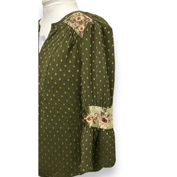 Chico's Women’s Green Jacquard Dot Embroidered  Velvet Details Peasant Blouse M - Picture 5 of 13